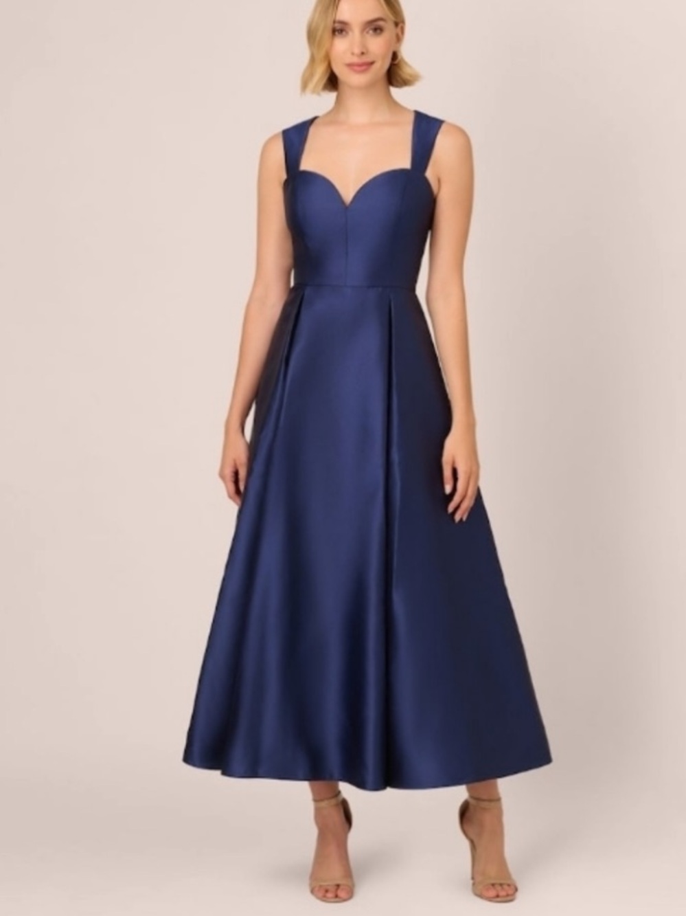 Adrianna Papell Navy Satin A-Line Midi Dress Size 14 Sweetheart Neckline NWT